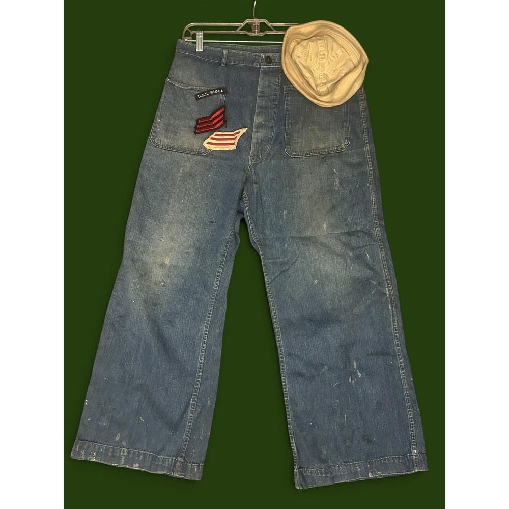 VTG 1950s USN Denim Dungarees Patch Pocket Button Stenciled Navy Trousers 34x26⁠